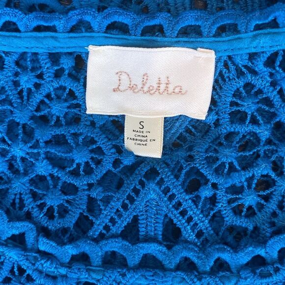 Anthropologie Deletta Blue Sheer Short Sleeve Crochet Lace Blouse Top S - Picture 6 of 7